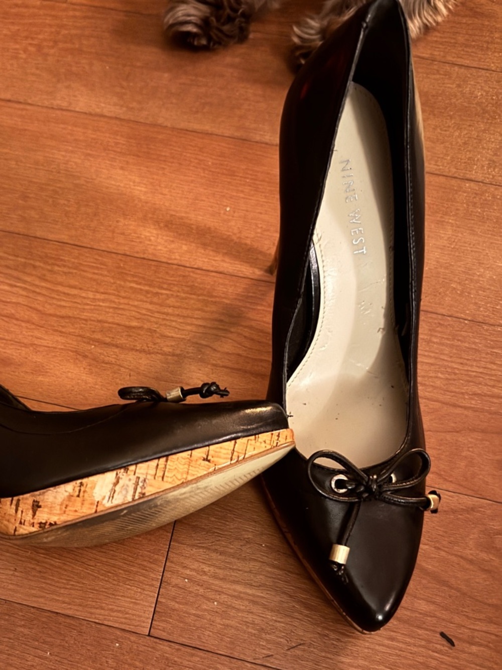 Nine West Black Pointed-Toe Pumps with Cork-Trim Platform